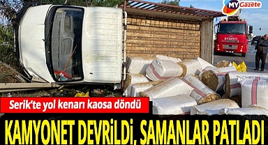 Antalya’da kamyonet kazası! Yola savrulan samanlar trafiği yavaşlattı