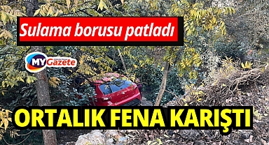 Antalya'da Sulama borusu patladı otomobil bakın nereye sürüklendi