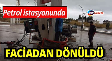 Otomobil akaryakıt istasyonuna daldı, facianın eşiğinden dönüldü