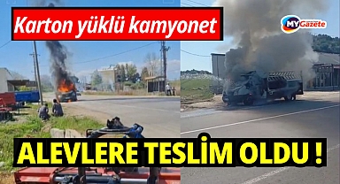 Karton yüklü kamyonet seyir halindeyken yandı