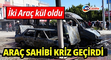 Park halindeki servis ve otomobil alev alev yandı