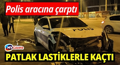 Polis otosuna çarpıp patlamış lastiklerle kaçtı, park halinde bulundu