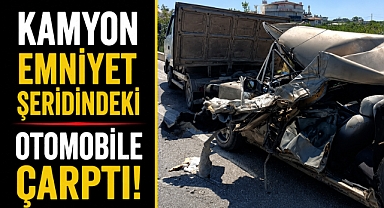 Antalya Manavgat'ta kamyon emniyet şeridindeki otomobile çarptı! Sürücü camdan atlayarak kurtuldu