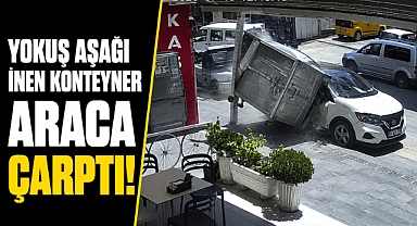 Antalya Serik'te görenleri şaşkına çeviren kaza! Yokuş aşağı inen konteyner araca çarptı